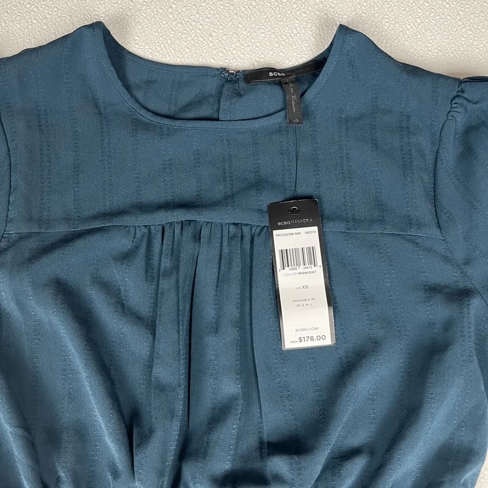 Bcbgmaxazria Ruched Bishop Sleeve Peplum Top Midnight Size XS NWT - Picture 8 of 12